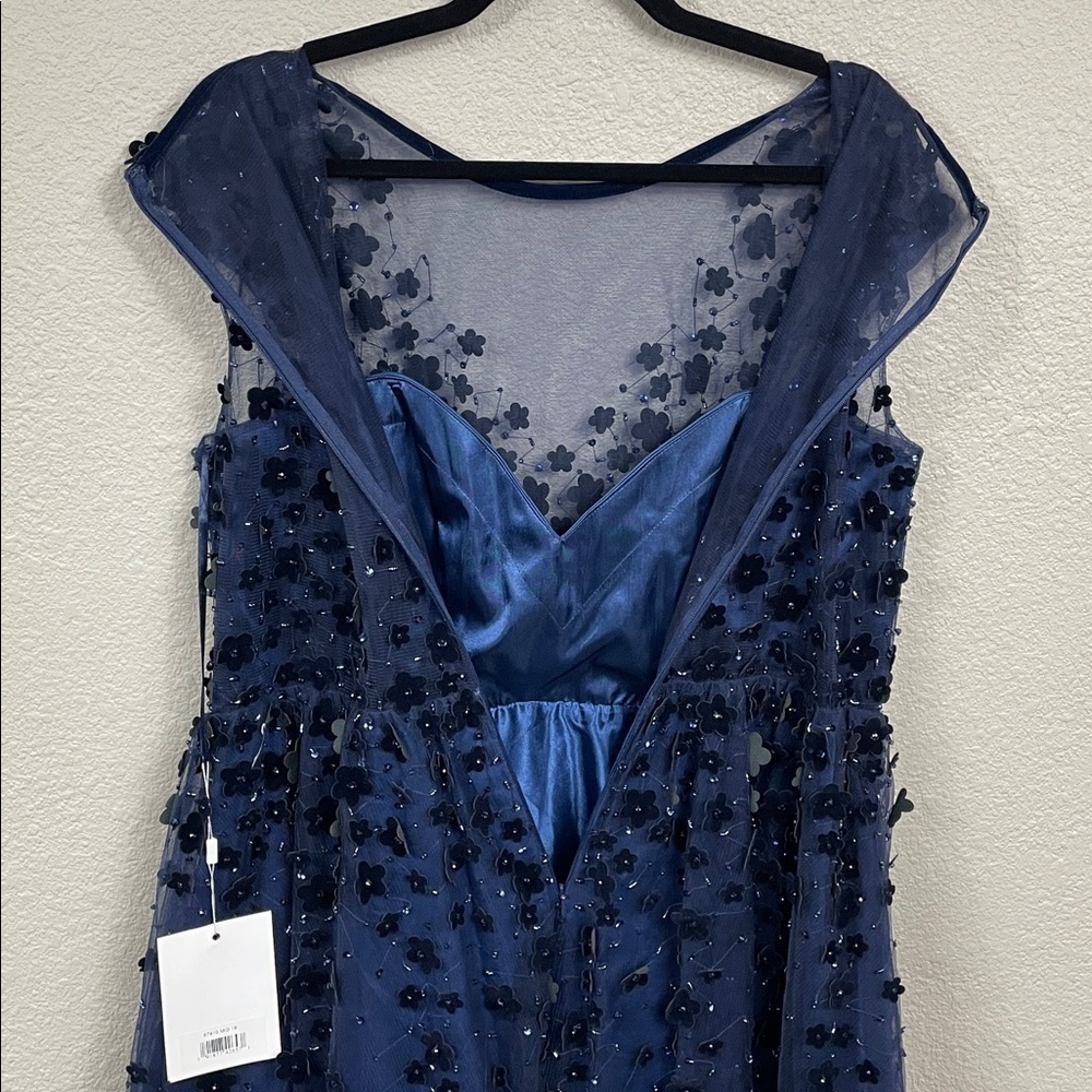 NWT Mac Duggal 67910 Floral Applique Tea Dress Fit Flare Illusion Neck Midnight - Picture 5 of 12